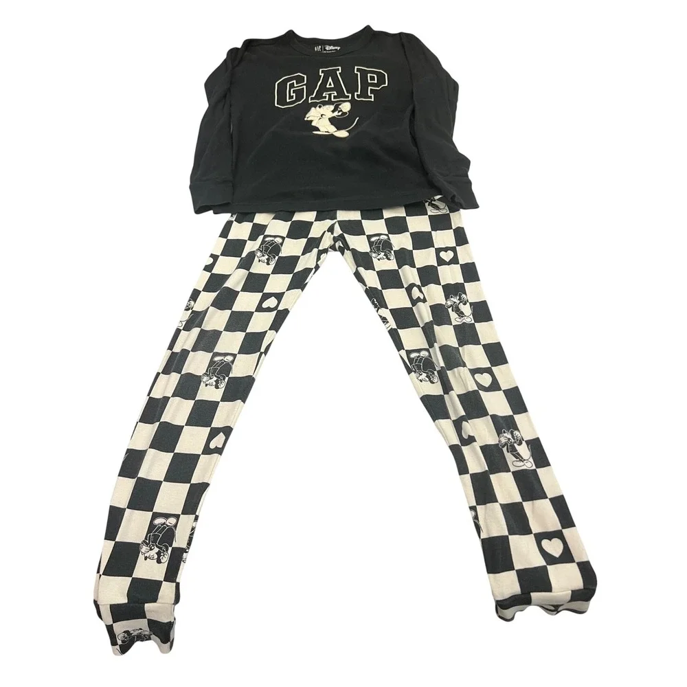 Gap Kids Disney Mickey Mouse Pajama Set Black White Checkered Cotton Size 10